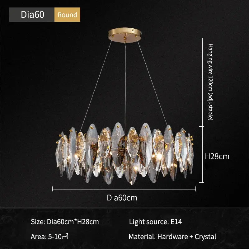Decorbites ash crystal round 60cm chandelier with clear crystal slices and gold-toned hardware for modern decor