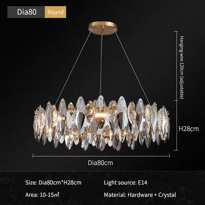 Decorbites ash crystal round chandelier with cascading clear crystal shards and gold-toned frame for modern lighting