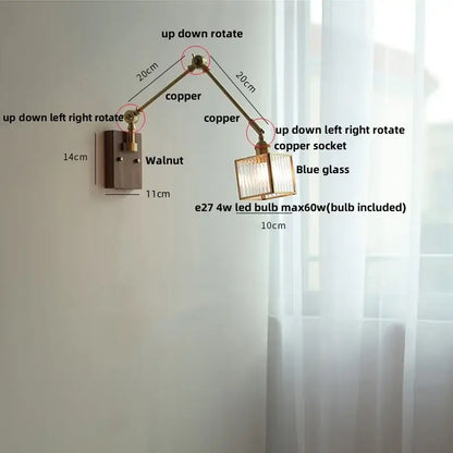 Adjustable copper-arm wall lamp with walnut-finished decorbites ash wood base and blue glass shade led light