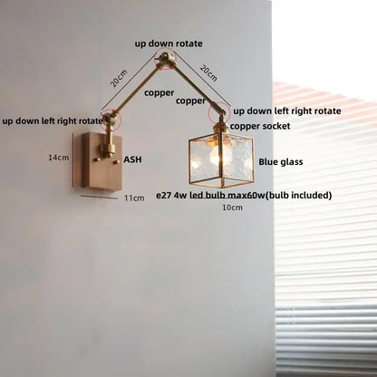 Adjustable decorbites ash wood led wall lamp with copper swing arm and blue glass cube shade with pull chain switch