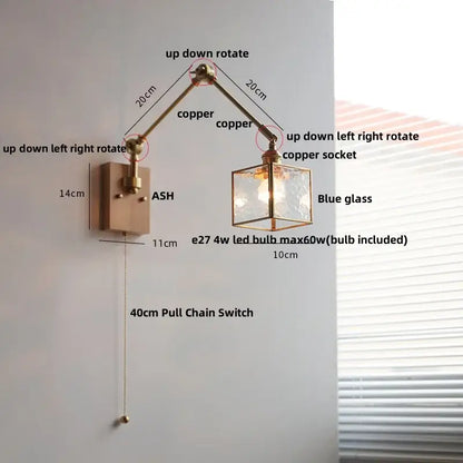 Copper-finished decorbites ash wood led wall lamp with blue glass cube shade and e27 led bulb pull chain switch