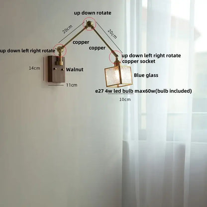 Adjustable copper wall lamp with blue glass shade and walnut base decorbites ash wood led swing arm wall light