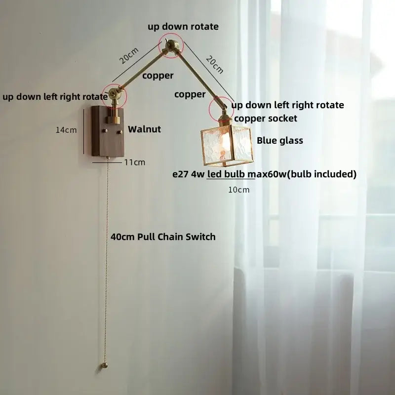 Adjustable copper wall lamp with blue glass shade and walnut-finished decorbites ash wood led mounting plate
