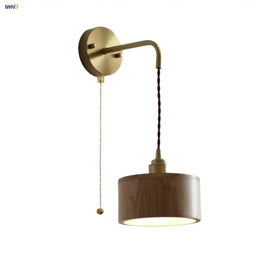 Brass-finished decorbites ash wood wall lamp with cylindrical wooden shade and pull chain switch for home decor