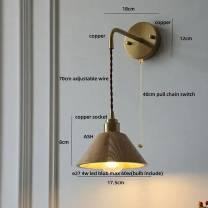 DecorBites ash wood wall lamp with warm copper sconce, wooden conical shade, and adjustable wire pull chain switch