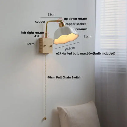 Copper-finished DecorBites ash wood wall light with ceramic lampshade and adjustable pull chain switch in modern Nordic design