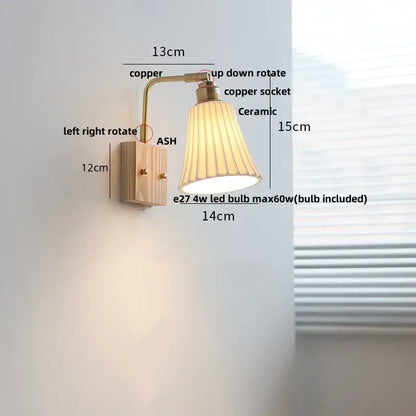 Decorbites ash wood wall light with copper and wood sconce and ceramic fluted lampshade in modern nordic design