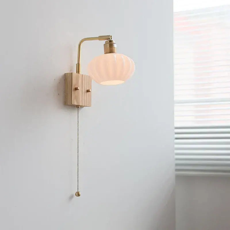 Decorbites ash wood wall light fixture with warm-toned ribbed glass lamp brass arm and wooden base modern nordic design