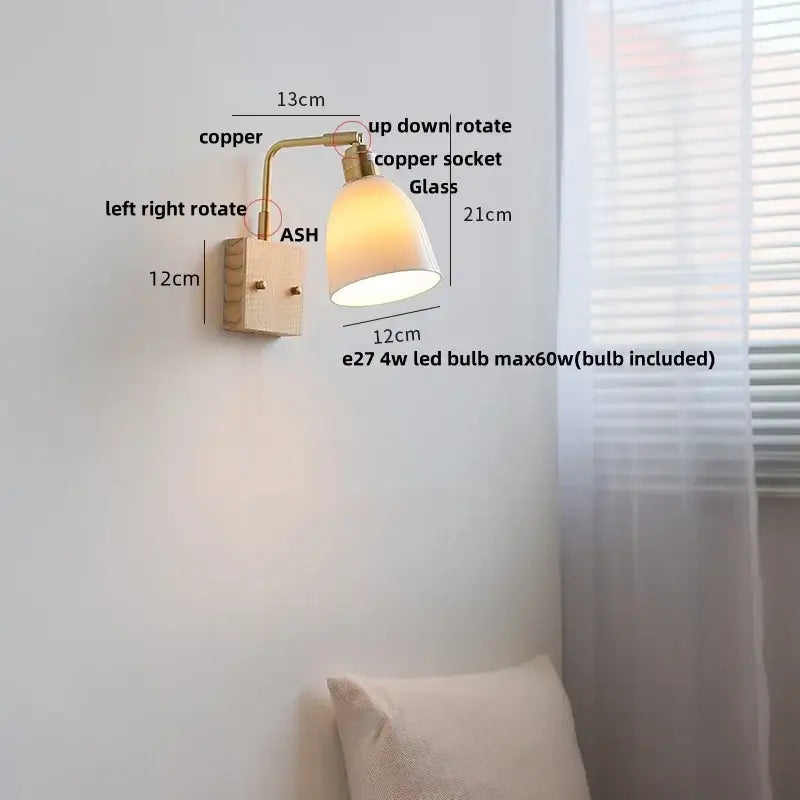 DecorBites ash wood wall light with warm copper sconce, matte white glass shade, and adjustable directional lighting
