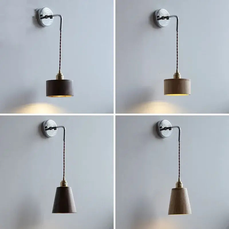 Dark wood-finished decorbites ash wood led wall light with brass accent and braided cord for bedside decor