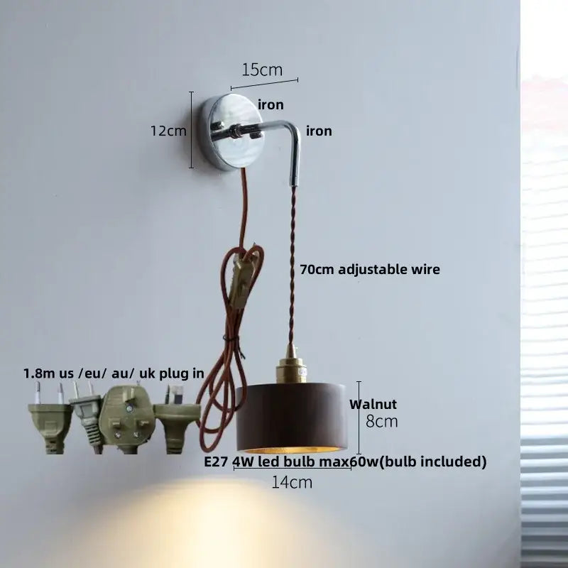 Decorbites ash wood led wall light with dark walnut shade, polished iron bracket, and adjustable braided wire for bedside use