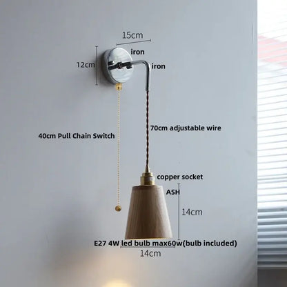 Decorbites ash wood led wall light featuring a rustic wood shade copper socket and polished iron bracket for bedside use