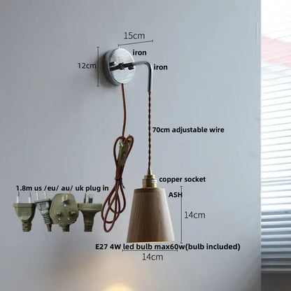 Minimalist decorbites ash wood led wall light with polished iron bracket and adjustable copper wire bedside lamp