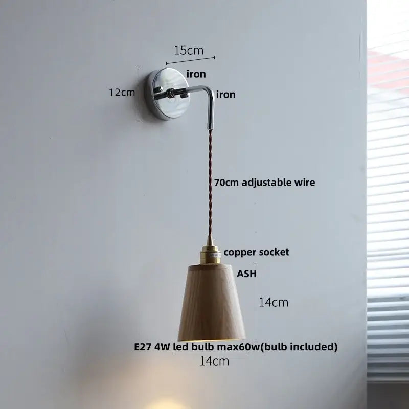 Decorbites ash wood led wall light with matte ash wood shade chrome bracket and pull chain switch for bedside use