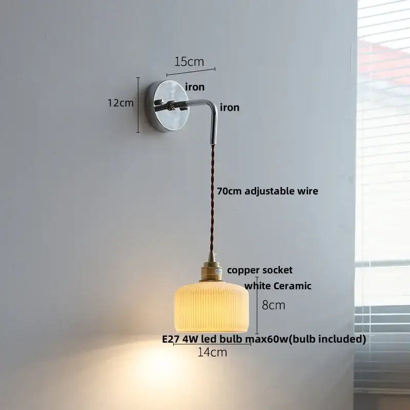 Decorbites ash wood led wall light with warm glowing white ceramic pendant lamp and brass copper socket