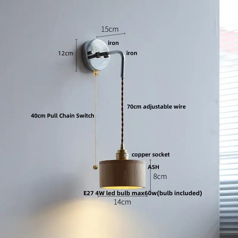 Decorbites ash wood led wall light with polished iron bracket copper wire and warm wooden shade for bedside use