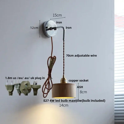 Minimalist wall light decorbites ash wood led with cylindrical wooden shade chrome iron mounting and adjustable wire