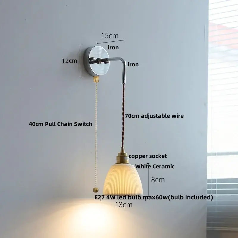 Vintage-style wall light with polished iron arm white ceramic ridged lampshade and adjustable copper socket by decorbites ash wood