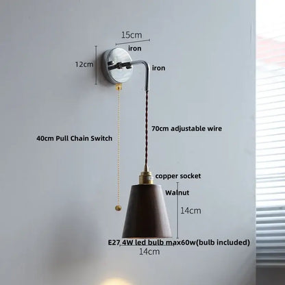 Decorbites ash wood led wall light with polished iron arm copper socket and dark walnut shade for bedside use