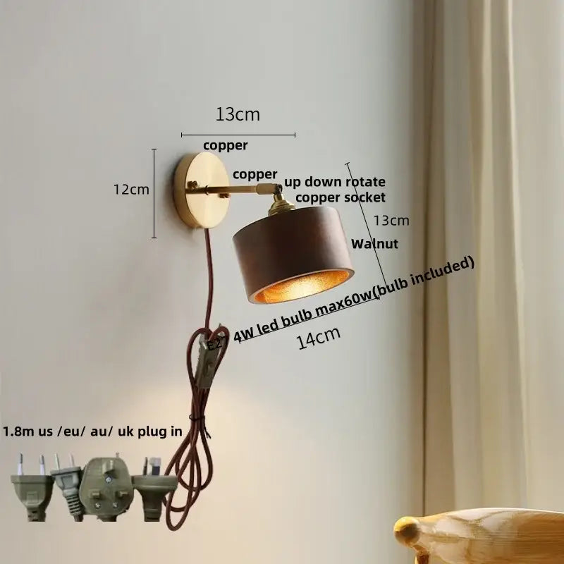 Copper decorbites ash wood led wall sconce with walnut-finished cylindrical shade and adjustable up-down rotation