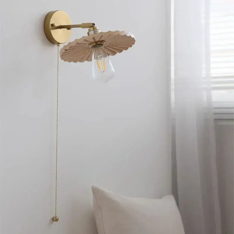 Gold-toned decorbites ash wood led wall sconce with scalloped wooden shade and exposed Edison bulb for living room or porch