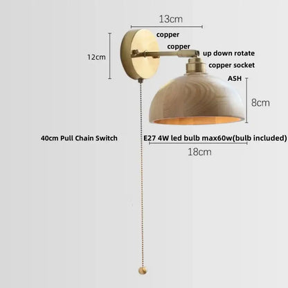 Decorbites ash wood led wall light with copper finish wooden shade and pull chain switch for living room and porch