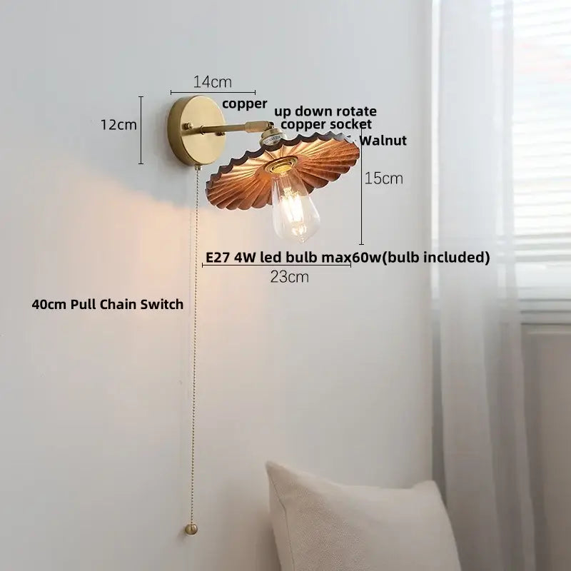 Decorbites ash wood led wall light with copper finish walnut wood fan shade and exposed edison bulb for modern decor