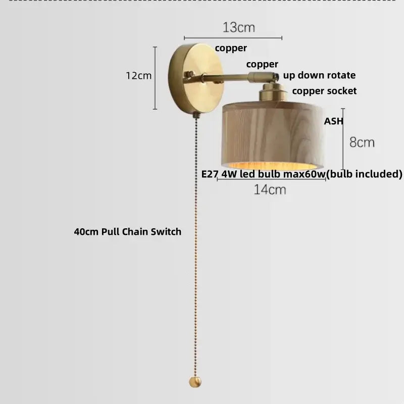 Copper finished DecorBites ash wood wall lights with cylindrical shade and 4w LED bulb for living room stair use