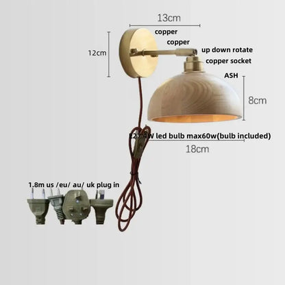 Copper-finished DecorBites ash wood wall lights with wooden ash shade and adjustable socket for living room stair lamp