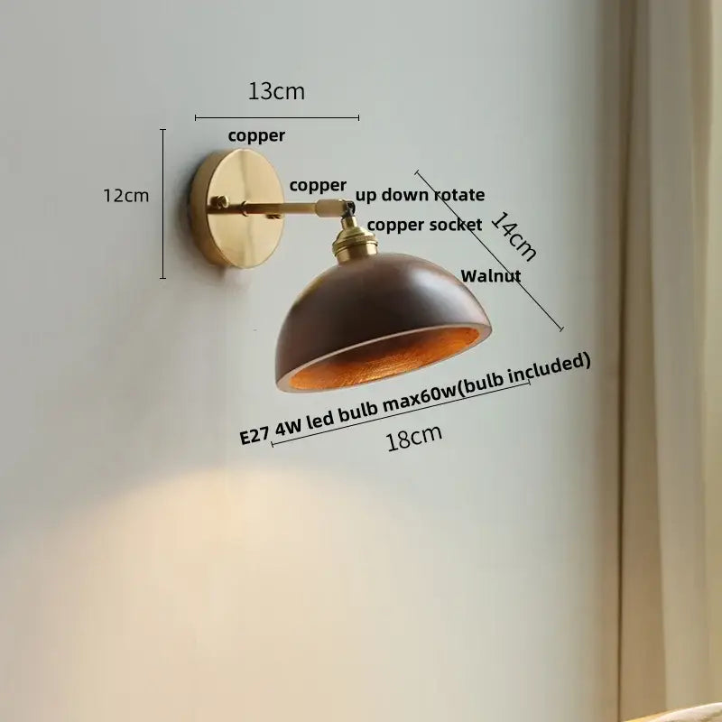 Copper-finished decorbites ash wood wall lights with dark walnut shade and adjustable up down rotation for living room
