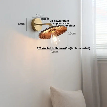 Decorbites ash wood wall lights with copper finish and walnut wood shade featuring exposed edison bulb for living room
