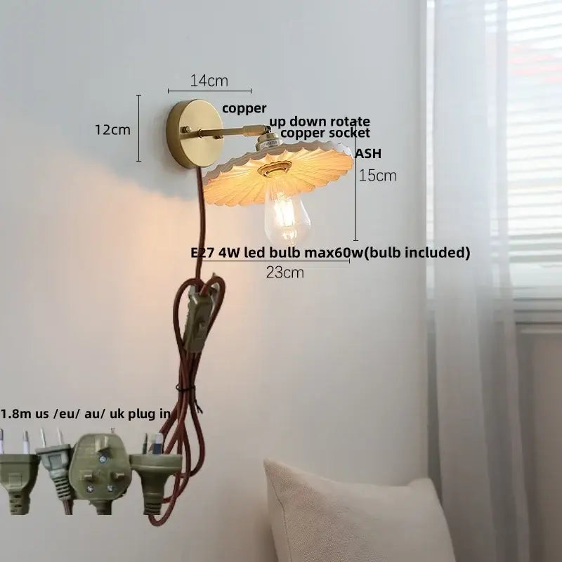 Decorbites ash wood wall lights with copper scalloped amber glass shade and exposed edison bulb for living room use