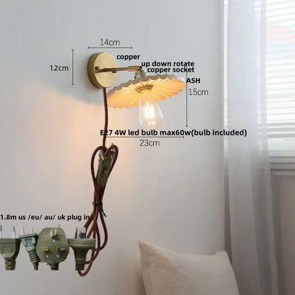 Decorbites ash wood wall lights with copper scalloped amber glass shade and exposed edison bulb for living room use
