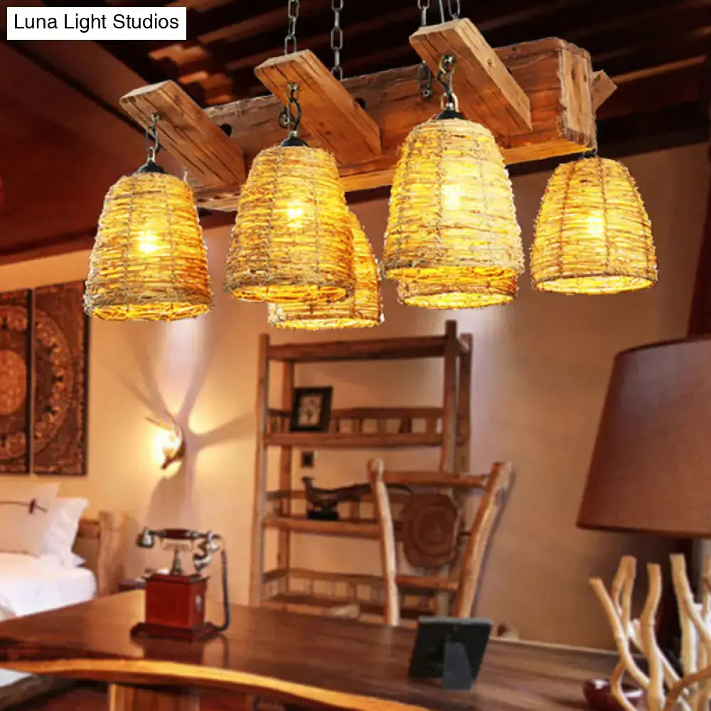 DecorBites™ Asia rattan island dining room light fixture with warm brown tapered suspension and wooden beam mounting