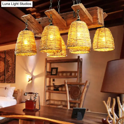 DecorBites™ Asia rattan island dining room light fixture with warm brown tapered suspension and wooden beam mounting