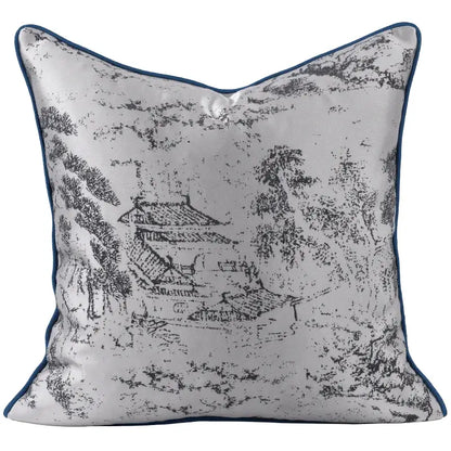 Decorbites asian landscape pillow cover with black and white asian landscape painting on gray fabric with navy piping
