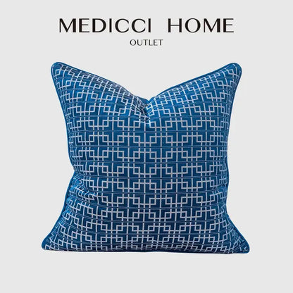 Blue velvet pillow cover with white geometric lattice pattern featuring soft texture from decorbites asian landscape painting collection