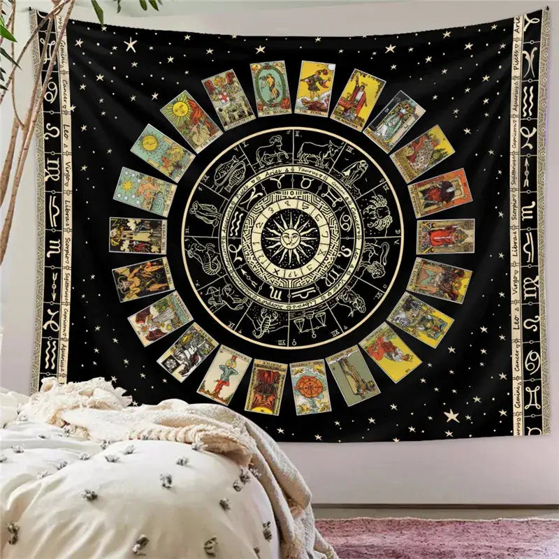 Black tapestry featuring a decorbites astrology chart tarot wheel with white symbols and tarot illustrations on starry sky