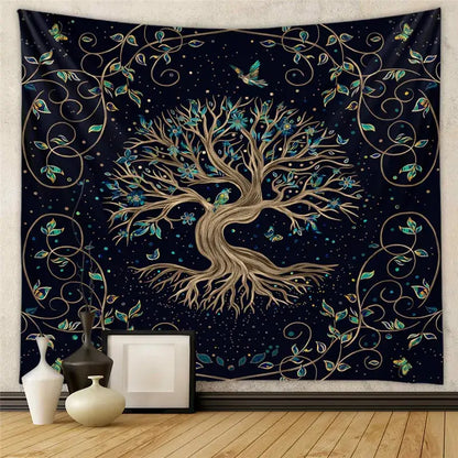 Dark navy decorbites astrology chart tarot tapestry featuring a golden tree of life with teal blossoms and birds