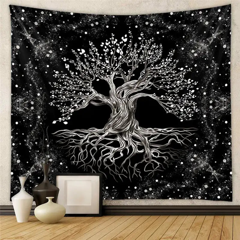 Black and white decorbites astrology chart tarot tapestry with detailed tree of life design and starry background wall hanging