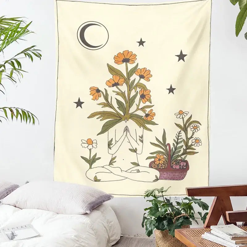 Cream-colored decorbites astrology tarot tapestry featuring a meditation illustration with flowers stars and moon wall décor