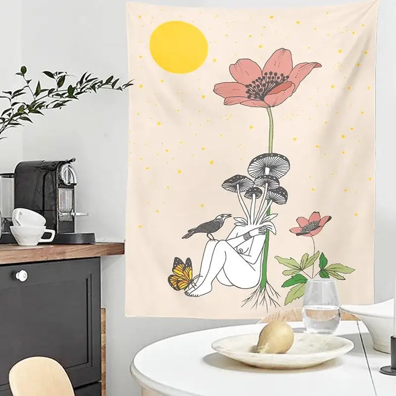 Beige DecorBites astrology tarot tapestry with whimsical figure holding mushrooms surrounded by flowers under sun