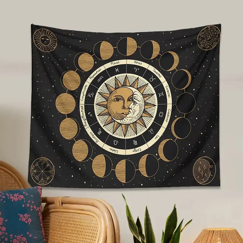 Black decorbites astrology wheel tapestry with gold moon phase, zodiac signs, and celestial sun and moon faces