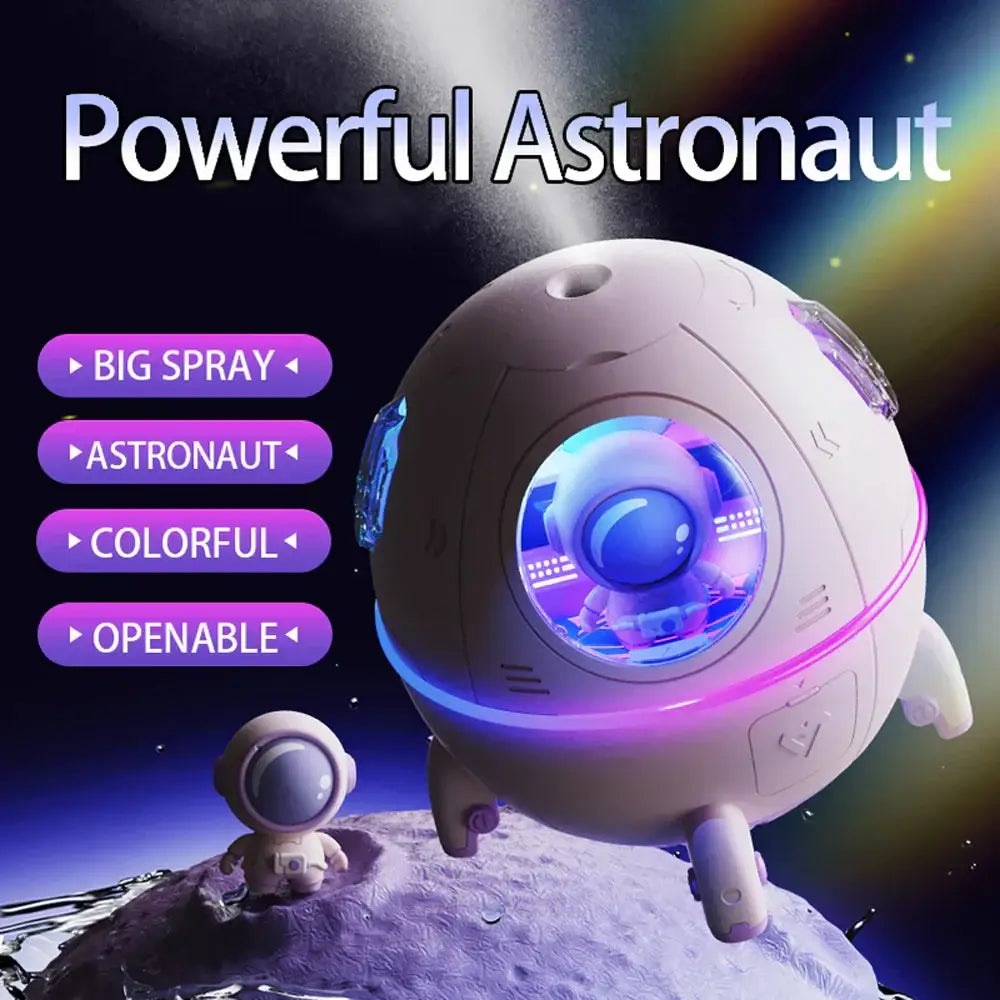 White spherical DecorBites astronaut air humidifier with glowing night light and transparent astronaut figure window