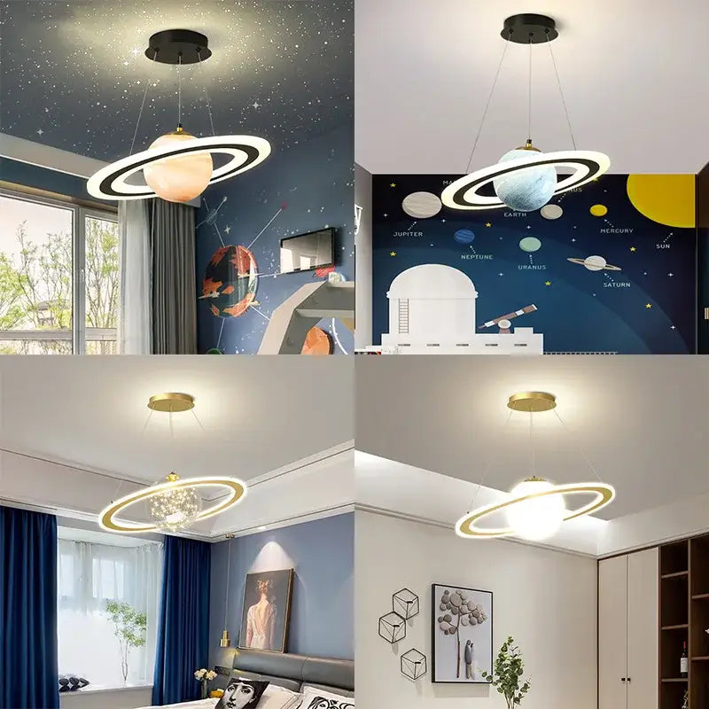 DecorBites astronaut ball led light pendant light with glowing orb and illuminated rings in black or gold metal accents