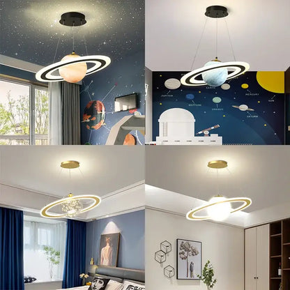 DecorBites astronaut ball led light pendant light with glowing orb and illuminated rings in black or gold metal accents