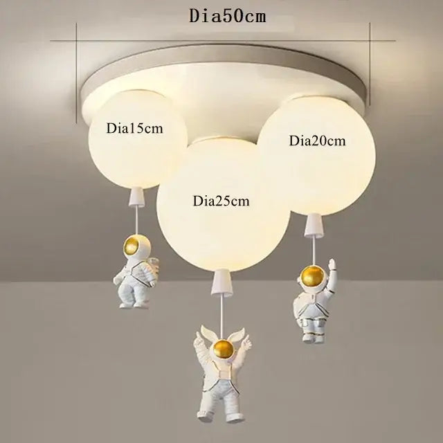 Decorbites astronaut balloon ceiling lamp with white spherical bulbs and gold astronaut figurines for kids room lighting