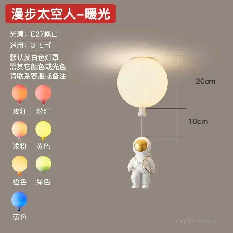 White astronaut-themed pendant light with spherical warm-glowing balloon lampshade decorbites astronaut balloon led