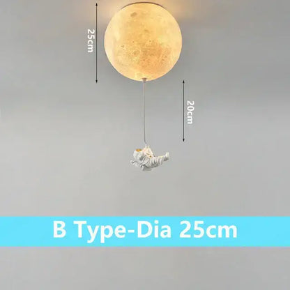 A warm textured moon-shaped DecorBites astronaut bubble chandelier light with a dangling astronaut for bedroom ceiling