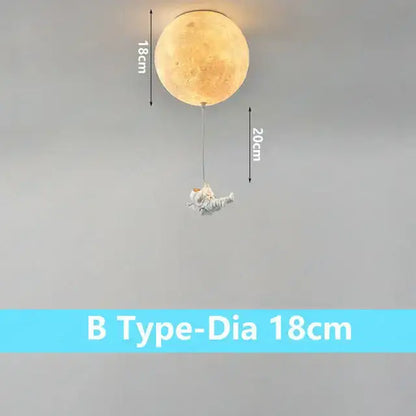 Decorbites astronaut bubble chandelier light featuring a warm moon-shaped lamp with detailed craters and hanging astronaut figurine